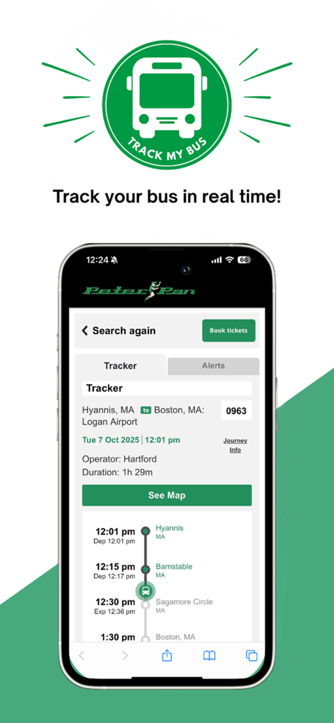 Peter Pan Bus Lines - Peter Pan Bus Lines app showing real-time bus tracking for a trip from Hyannis to Boston Logan Airport