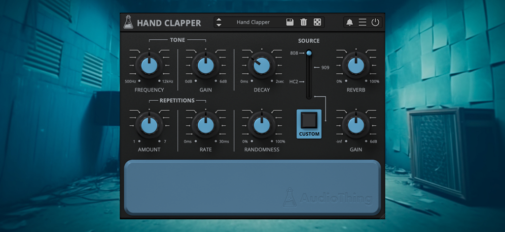 Hand Clapper synth interface with knobs for frequency decay and repetitions