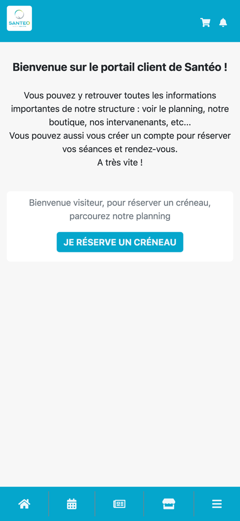 SANTEO - Sport Santé Bien-être - Begrüßungsbildschirm des SANTEO-App-Kundenportals mit einer Schaltfläche zum Buchen eines Termins