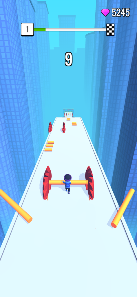 Roof Rails - Jugabilidad de Roof Rails mostrando a un personaje con una pértiga de madera pasando a través de sierras circulares en una pista de tejado