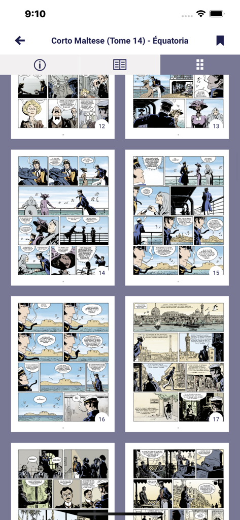 Grid view of comic book pages in the Baobab App