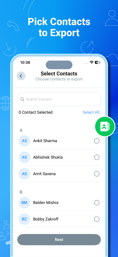 Contact to Excel, Vcf, Pdf - Interface de l'application montrant une liste de contacts avec des cases à cocher pour sélectionner des personnes à exporter vers Excel ou PDF.