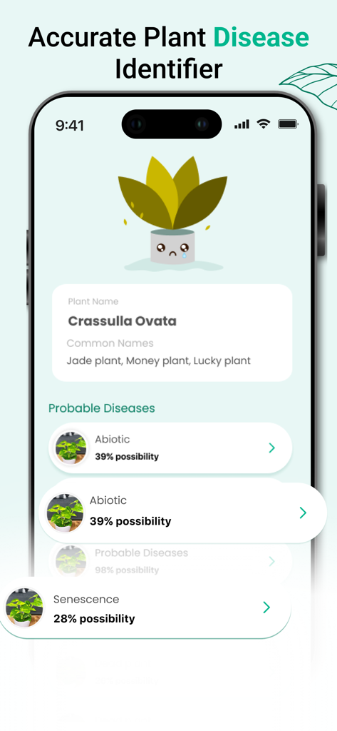 Plant Disease Diagnosis App - Interfaz de aplicación móvil que muestra un diagnóstico de enfermedad de plantas para una Crassula Ovata con probables resultados de enfermedad