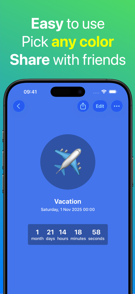Screenshot of the Countdown app displaying a vacation timer with an airplane icon on a blue background