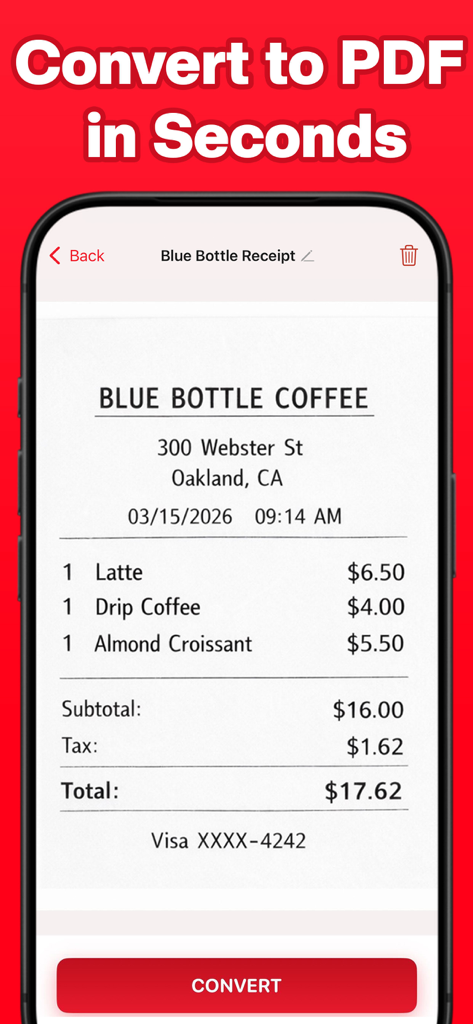 Smartphone-Bildschirm, der die Scnr-App beim Scannen eines Belegs aus einem Café zur Umwandlung in ein PDF zeigt
