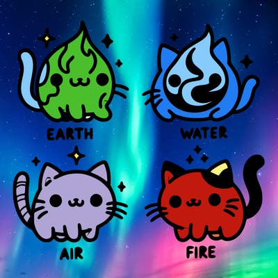 4 cats that represent the different elements, earth, water, air, and fire