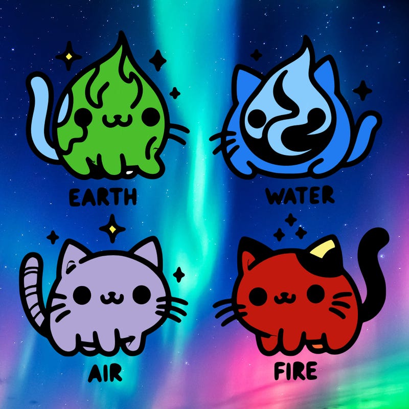 4 cats that represent the different elements, earth, water, air, and fire