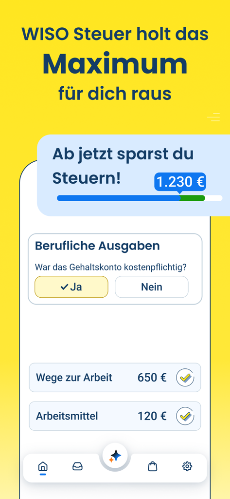 WISO Steuer - Steuererklärung - WISO Steuerアプリのインターフェースに、税金還付の貯蓄と専門職の経費カテゴリが表示