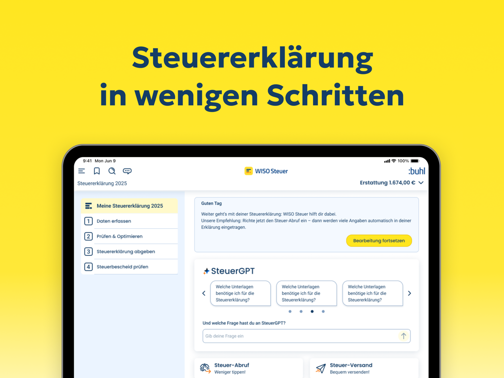 WISO Steuer fürs Tablet - WISO Steuer app interface on a tablet showing tax return steps and estimated refund amount.
