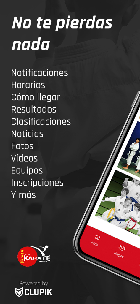 Club Kárate Pozuelo - Mobile app interface of Club Karate Pozuelo displaying features like schedules results and news