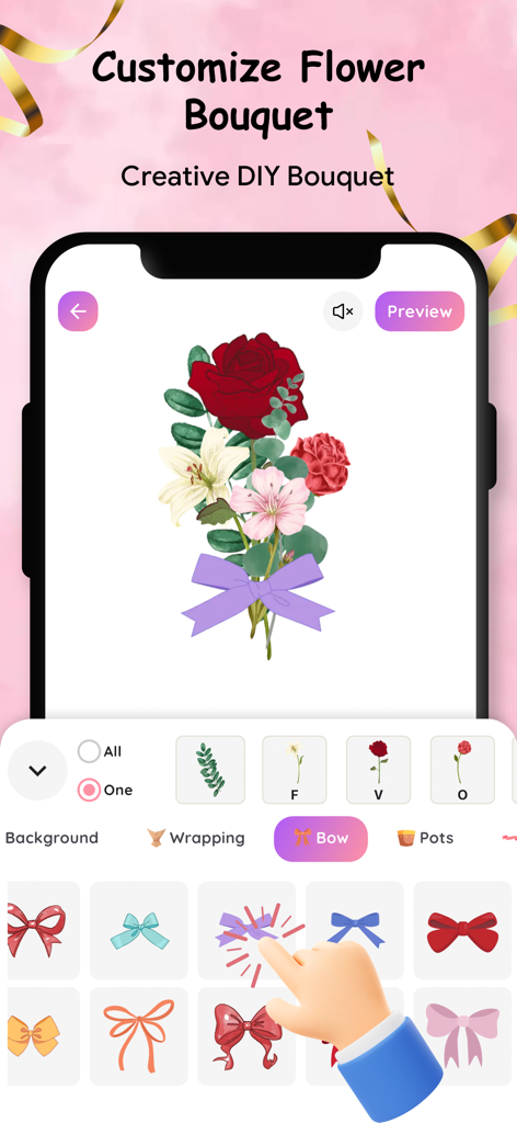 Flower Name: DIY Wallpaper - Interface do aplicativo Flower Name DIY Wallpaper mostrando um buquê de flores digital sendo personalizado com um laço roxo.