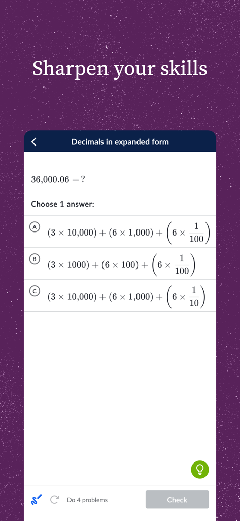 Khan Academy - Khan Academy mobile app interface showing a math practice exercise for decimals in expanded form.