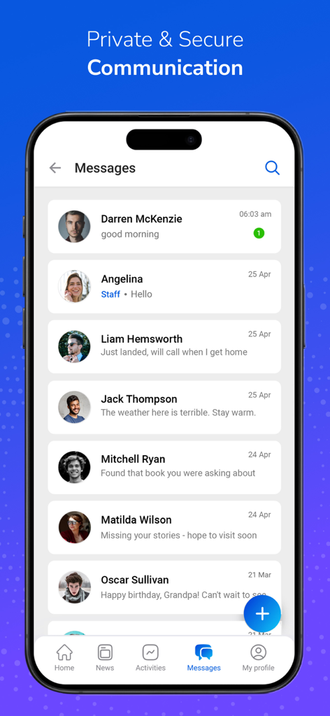 A mobile app interface for Centrim Life showing a list of private messages between residents, staff, and family members.