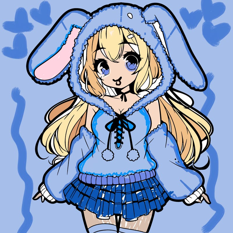pretty anime girl wearing a fluffy hoodie with bunny ears on the hood and a skirt
