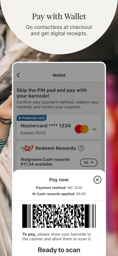 A mobile interface of the Walgreens app showing the wallet feature with a scannable barcode for contactless checkout and rewards redemption