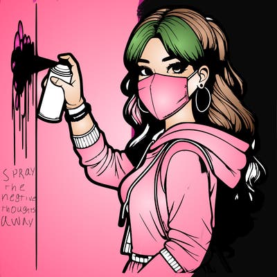 realistic girl with mask spray painting a wall