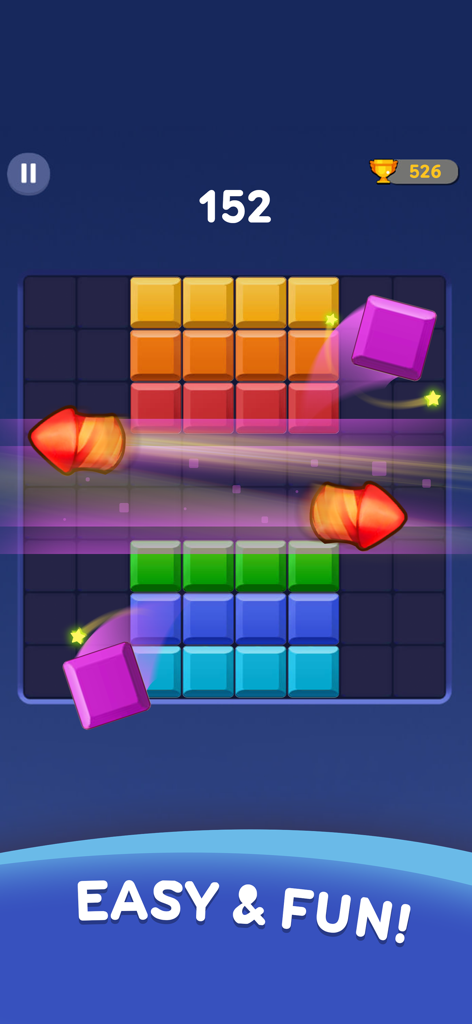 Gameplay von bunten quadratischen Block-Puzzles mit Raketen-Linienlösch-Animationen und der Aufschrift 'easy and fun'