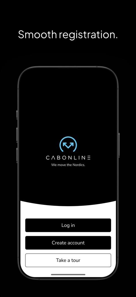 Taxi Cabonline - Pantalla de bienvenida de la aplicación Taxi Cabonline con opciones de inicio de sesión y creación de cuenta