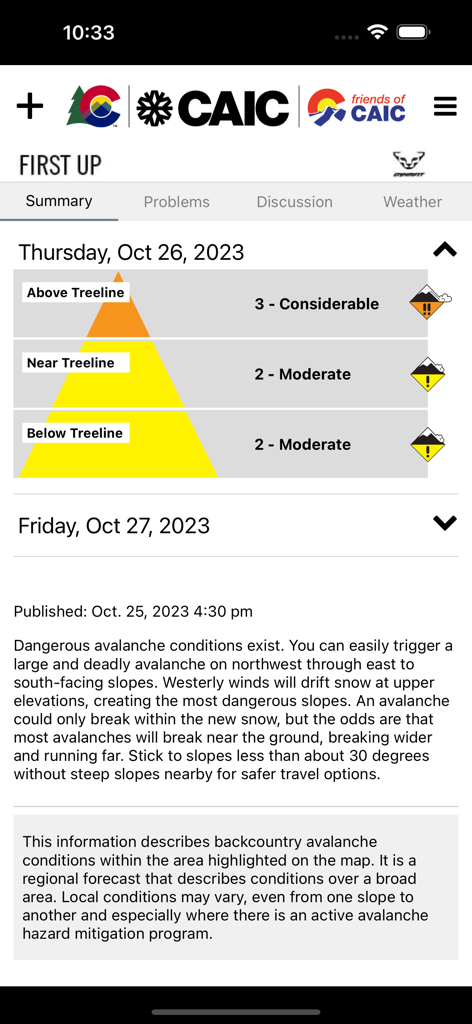 CAIC - Interface of the CAIC mobile app showing Colorado avalanche risk levels by elevation