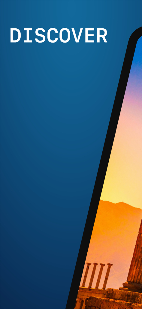 Pantalla promocional de la aplicación Guía de Viaje de Pompeya con la palabra Descubrir y antiguas ruinas romanas al atardecer.