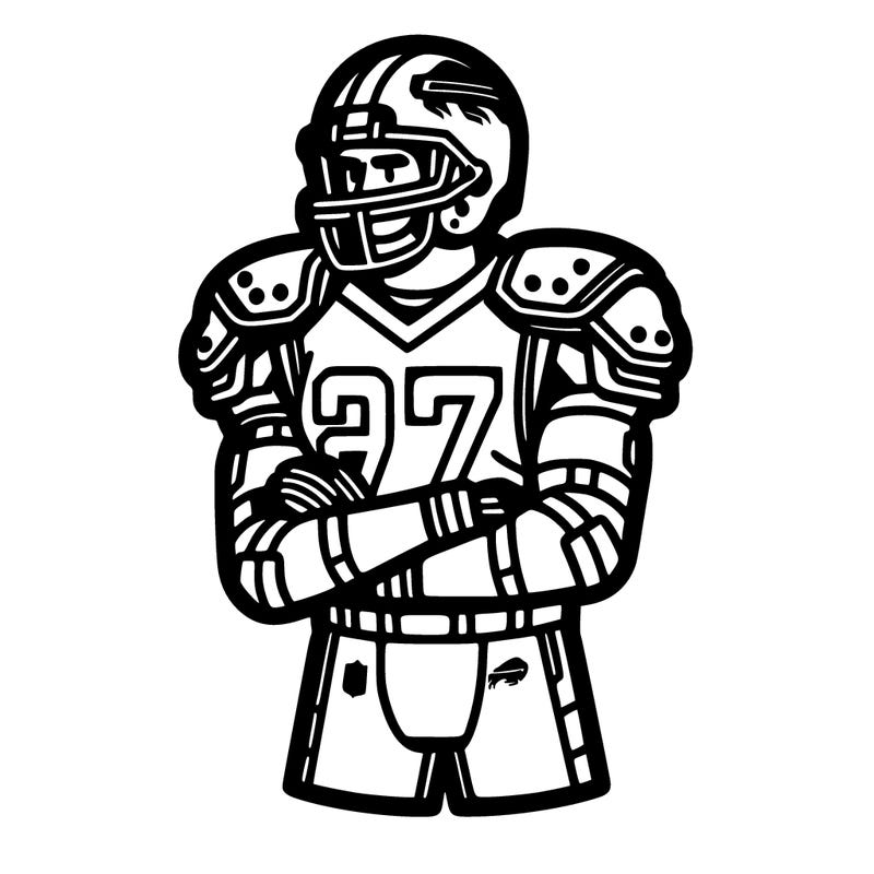 an american football player with pads on and a jersey on and the jersey says,”bills”