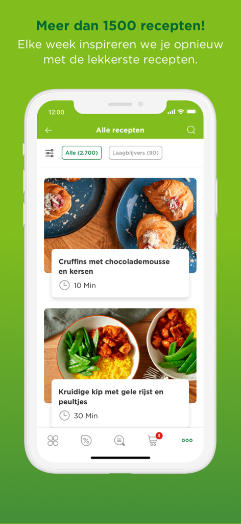 Una pantalla móvil que muestra la sección de recetas de la aplicación PLUS supermarkt con fotos de comida y tiempos de preparación.