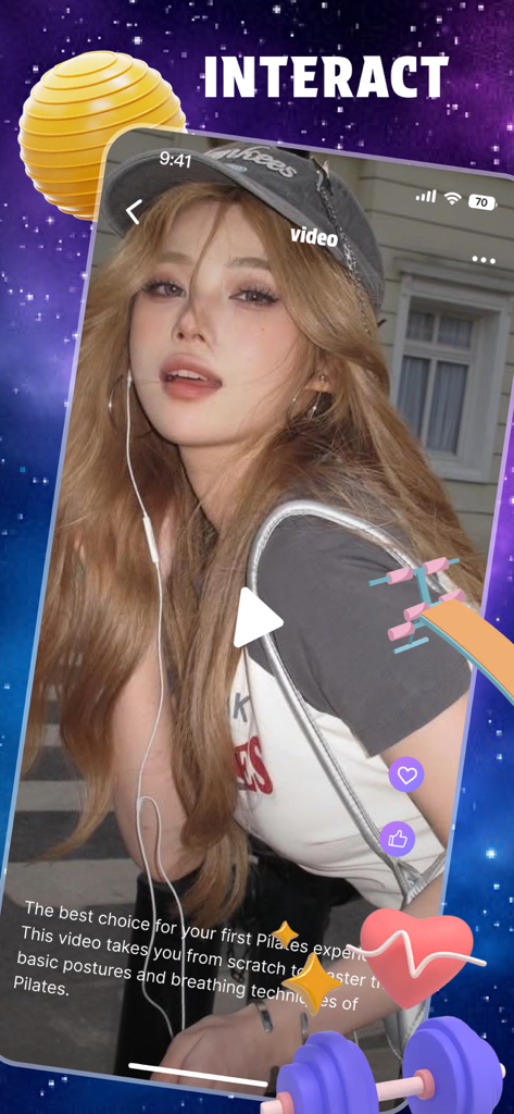 Interface of the Chime app featuring a Pilates video lesson with community interaction buttons and fitness-related 3D icons.