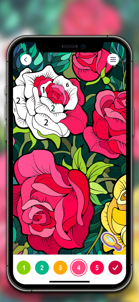 A floral coloring page in the ColorPlanet app with numbered sections for roses and a color palette at the bottom
