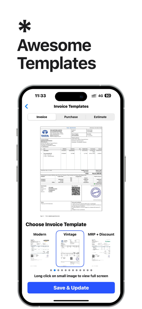 Una interfaz móvil que muestra opciones de plantillas de facturas profesionales como Moderna y Vintage en la aplicación Swipe.