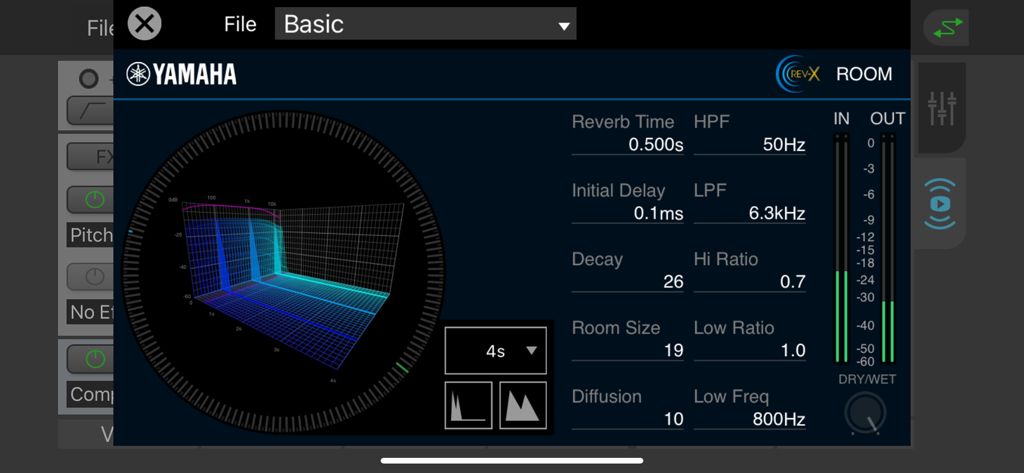dspMixFx UR-C - REV-X Room reverb controls and visualizer in the dspMixFx UR-C app