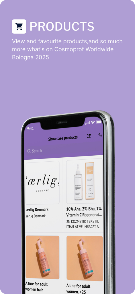 Cosmoprof Worldwide Bologna - Tela de vitrine de produtos no aplicativo móvel Cosmoprof Worldwide Bologna.