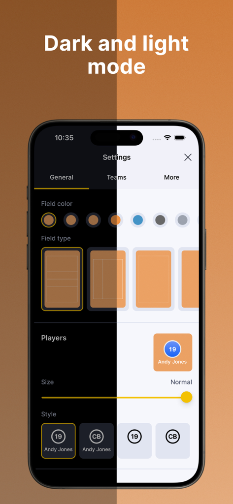 Split screen view of the Coach Tactic Board app settings showing dark and light mode options for volleyball court customization.