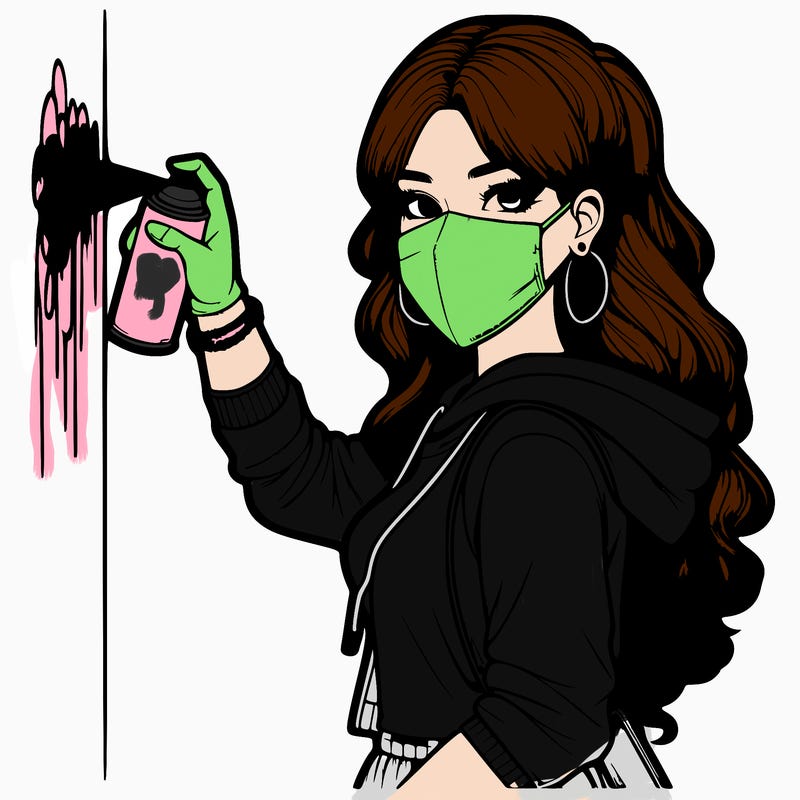 realistic girl with mask spray painting a wall