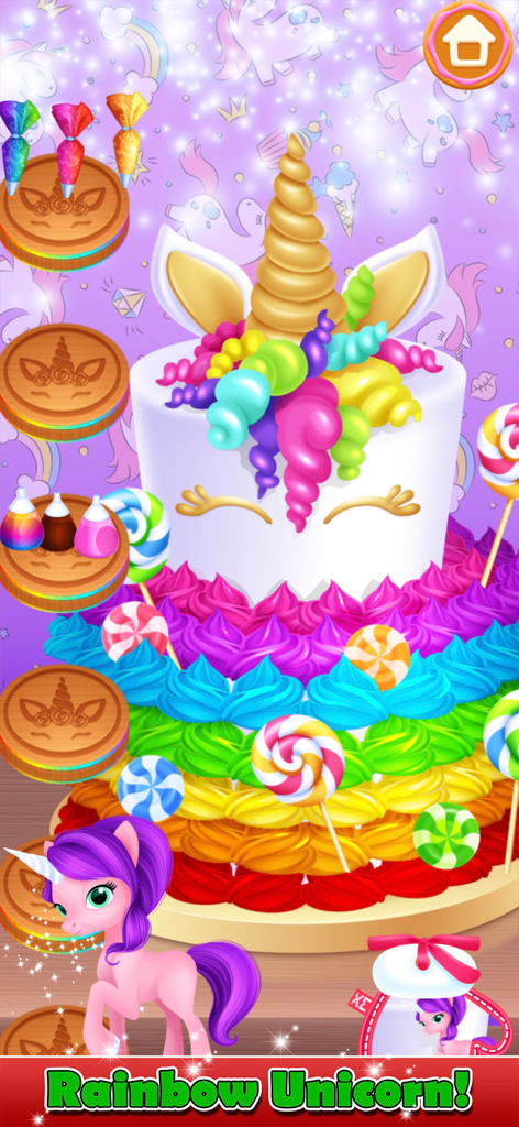 A multi-layered rainbow unicorn cake decorated with colorful lollipops and a golden horn in a kids cooking game.