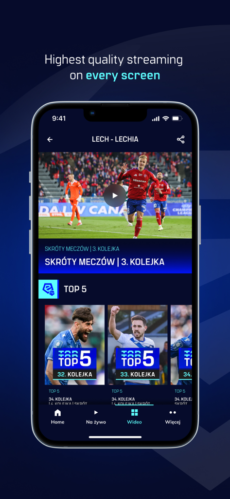 Ekstraklasa TV app interface on a smartphone screen showing live football match streaming and top goals highlights