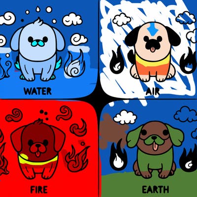 water, air, fire, and earth as dogs