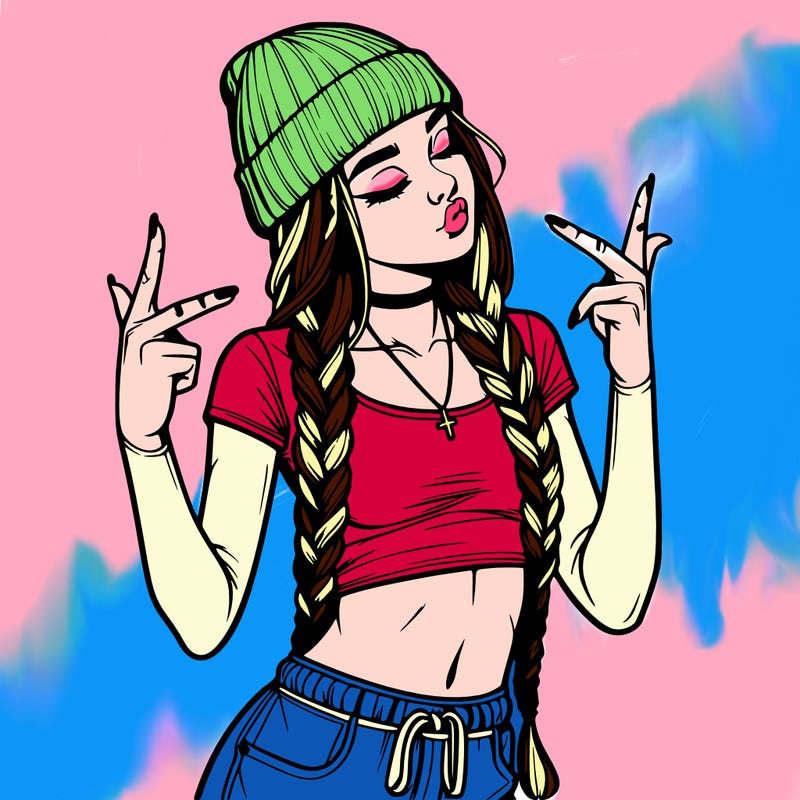 realistic teenage girl with braids and a beanie and crop top doing 🫶🏼