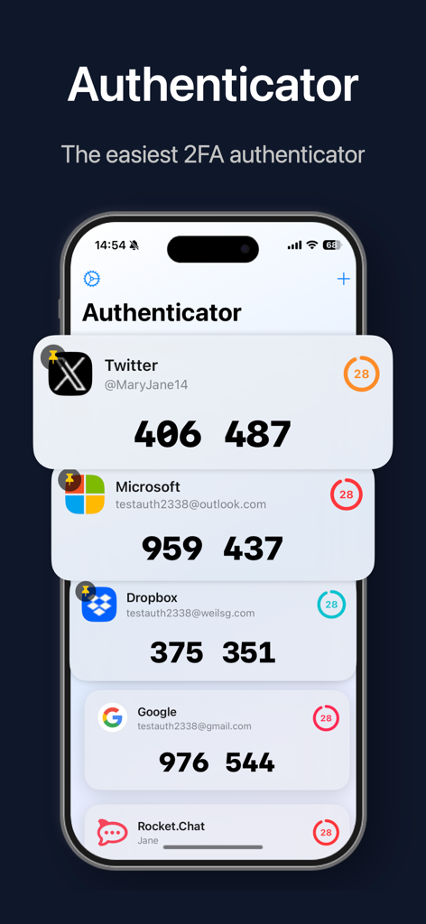 Interfaccia principale di Authenticator App 2 che mostra i codici di verifica 2FA per account Twitter, Microsoft e Dropbox su un iPhone.