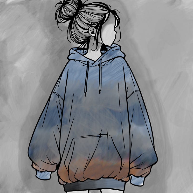 realistic girl with a oversized sweatshirt on and a bun