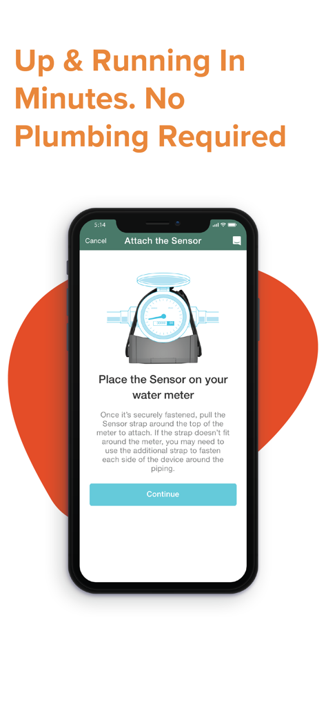 Flume Water - Flume Water app interface illustrating how to attach the sensor to a water meter.