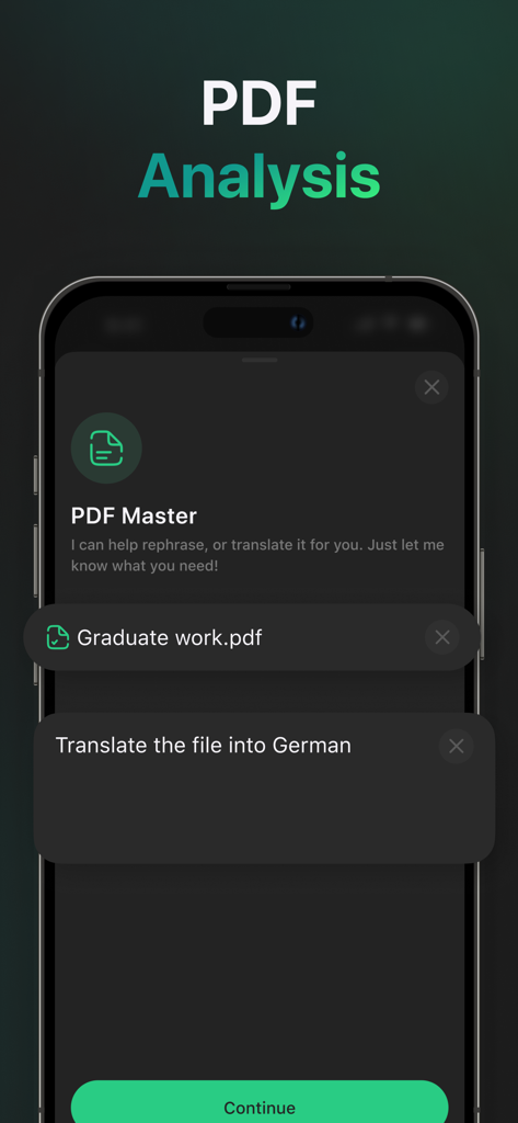 AI Master: Smart Assistant - AI Masterアプリのインターフェース。PDF分析機能を表示し、卒業論文をドイツ語に翻訳。
