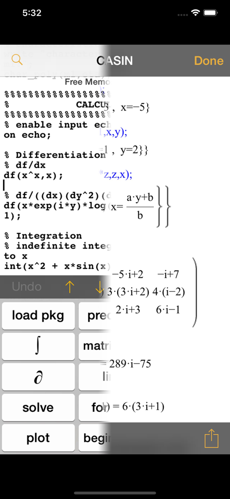 i41CX+ - La aplicación i41CX+ que muestra su interfaz de Sistema de Álgebra Computacional con fórmulas de cálculo complejas y funciones matemáticas especializadas.