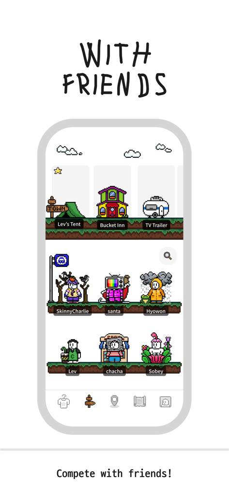 The Charlie Town social interface showing various pixel art characters and customized houses for friends to connect.