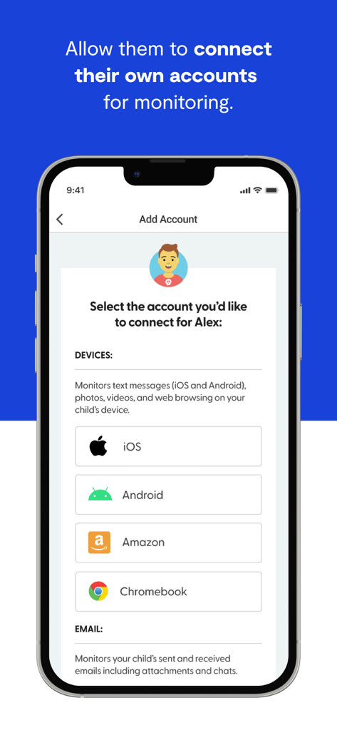 Bark Kids app interface showing options to connect devices like iOS and Android for parental monitoring