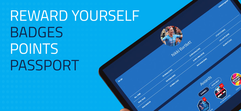 FulGaz Indoor Cycling App - A tablet screen displaying the FulGaz indoor cycling app user profile with statistics and achievement awards