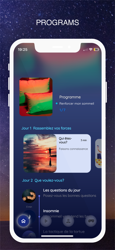 Hypnos: Sleep, Relaxation - Hypnos app interface showing a multi-day guided sleep therapy program