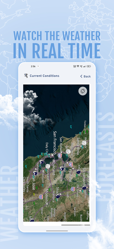 MyForecast - カリフォルニア州の現在の状況を示すMyForecastアプリのリアルタイム気象レーダーおよび衛星マップビュー