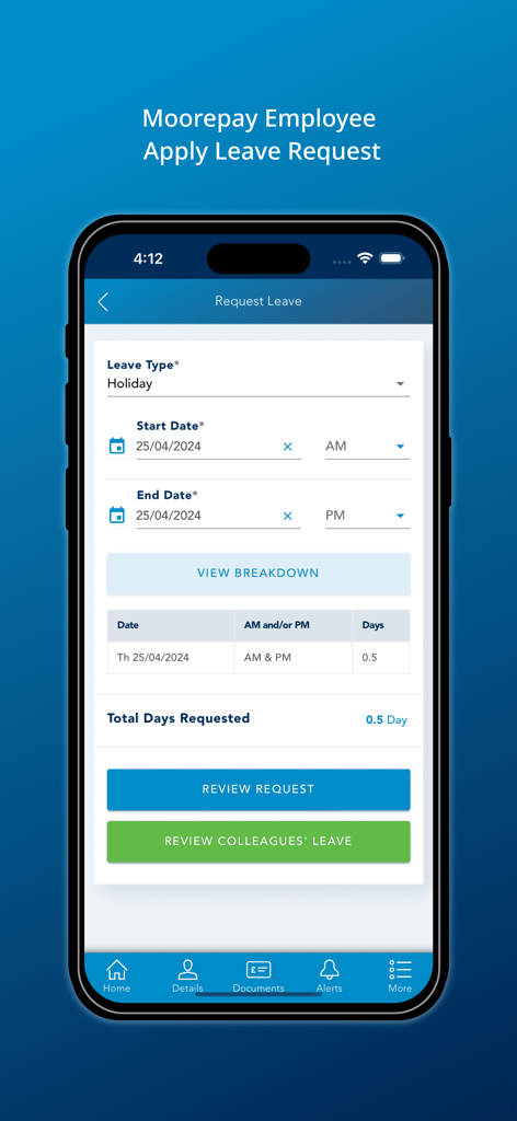 Uma tela de smartphone exibindo o formulário de solicitação de licença do aplicativo Moorepay com seleção de data de feriado e resumo total de dias.