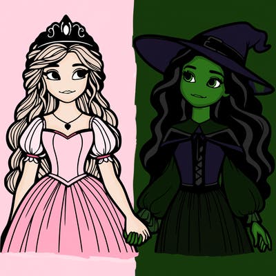 a princess and a witch holding hands realistic