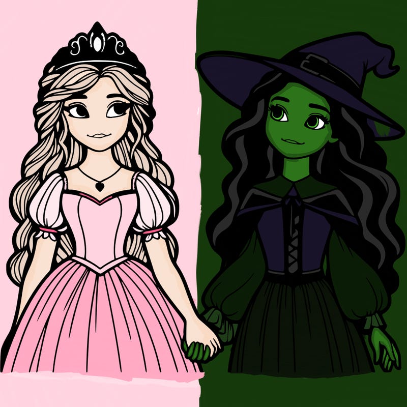 a princess and a witch holding hands realistic